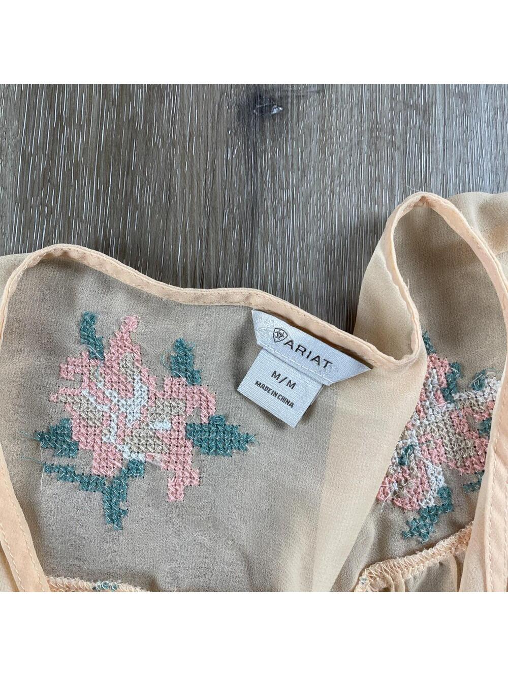 Ariat Women's Roxanne Embroidered Blouse S Boho Floral Sheer Tassel Top - Picture 7 of 16